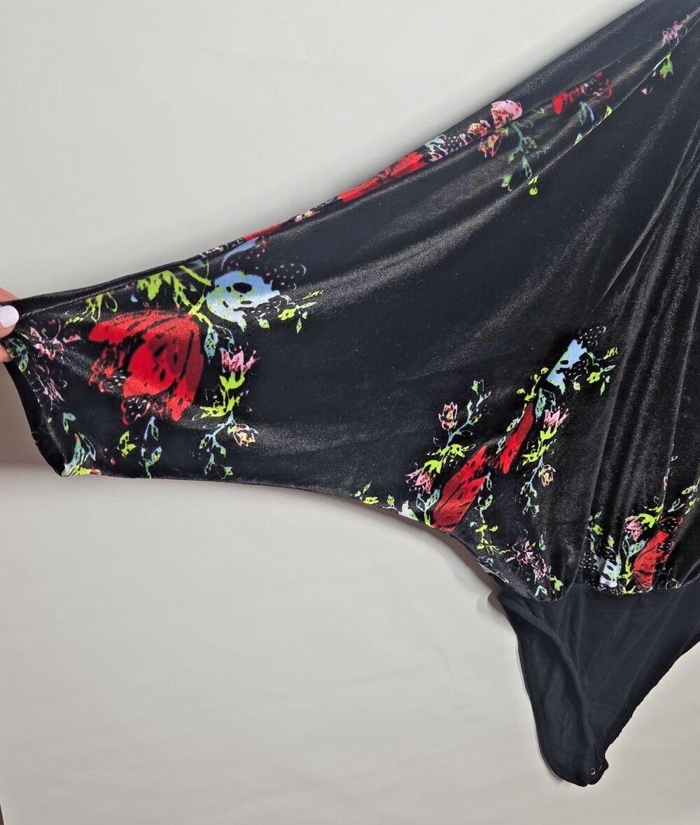 Free People Babe Slouchy Black Velvet Floral Oversized Bodysuit LARGE DARK FAIRY - Picture 8 of 10